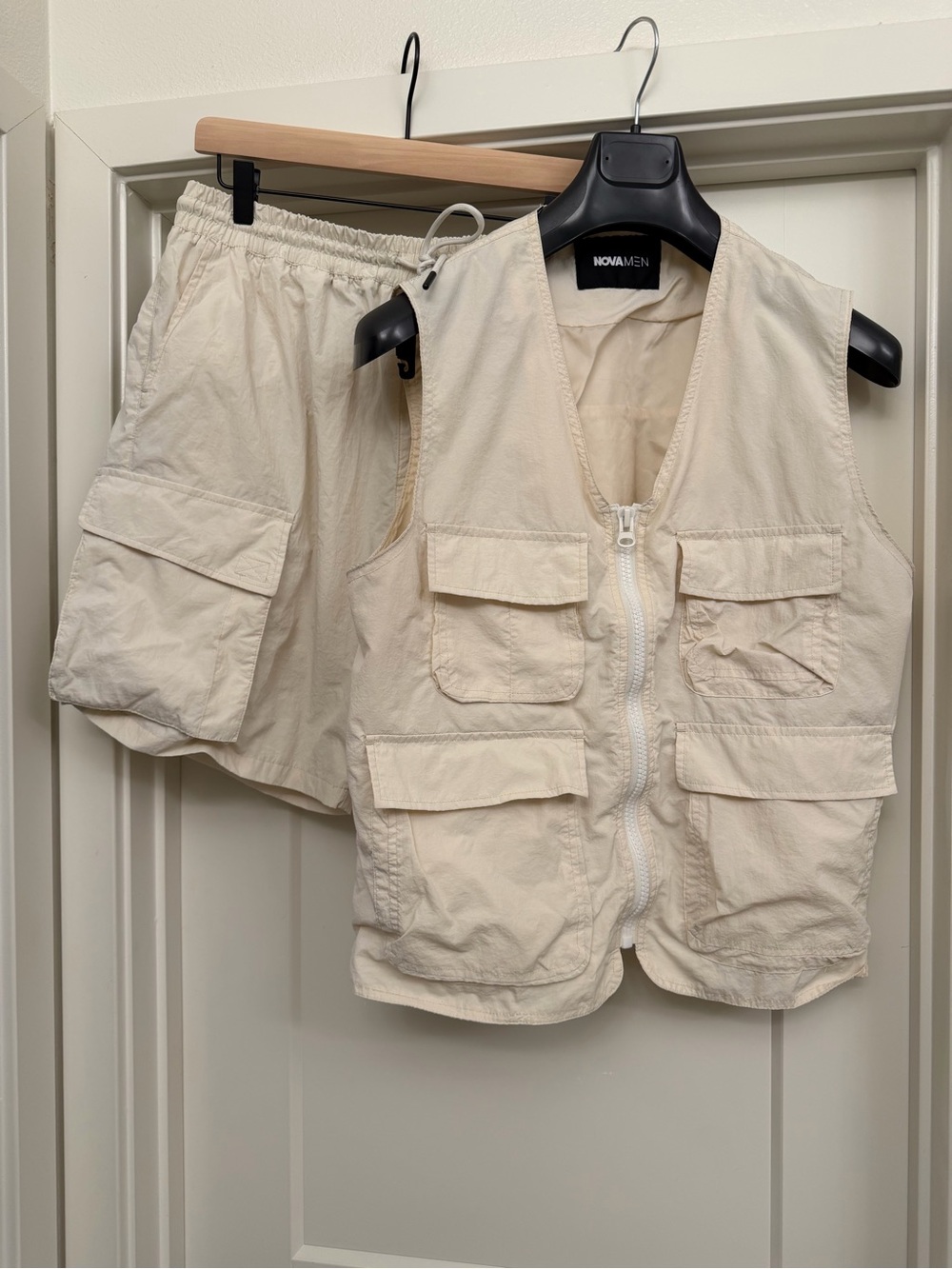 Fashion Nova Men Cream Utility Cargo Vest & Shorts Set